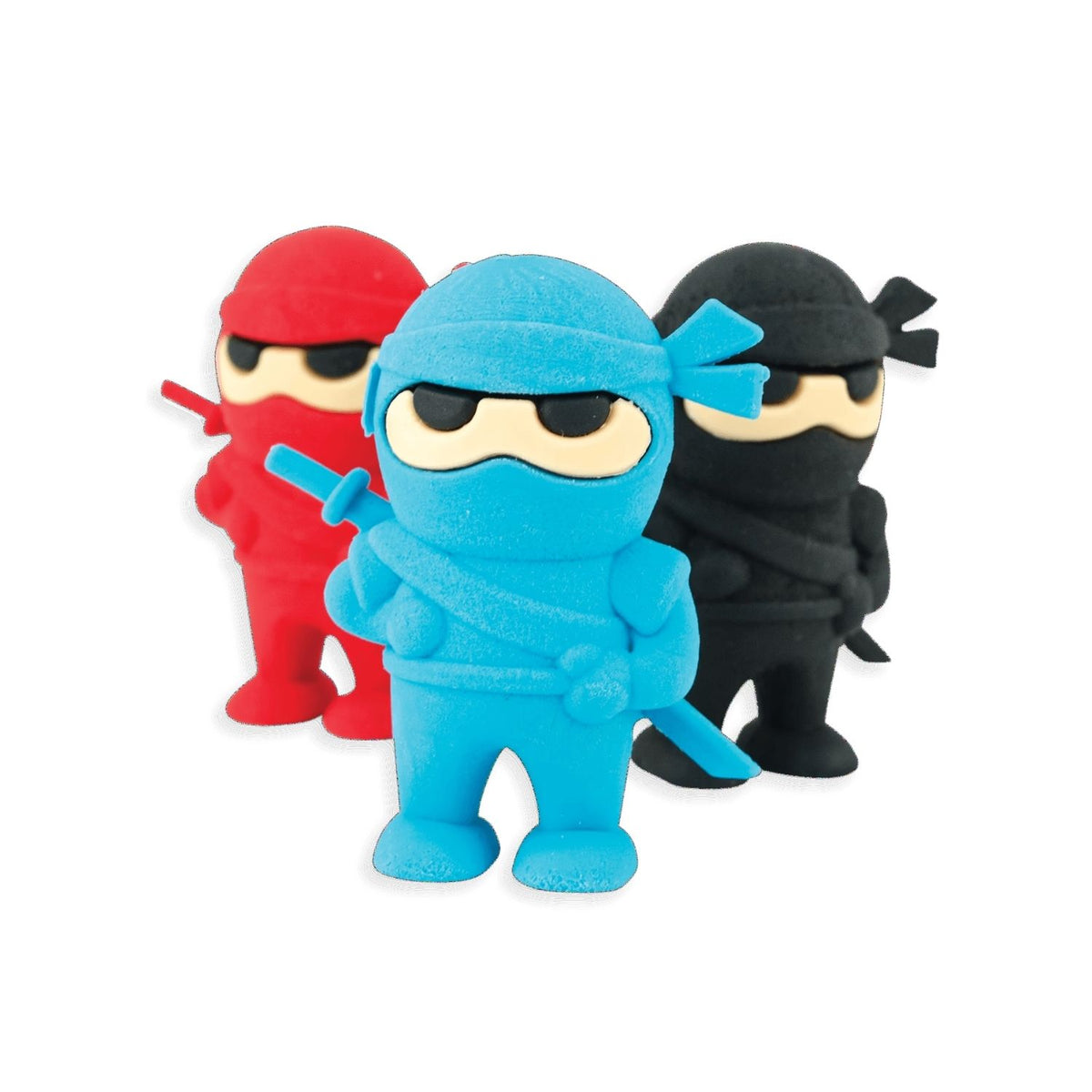All 3 ninjas (Red, Blue, and Black) standing upright, showcasing their uniform size and vibrant primary colours.