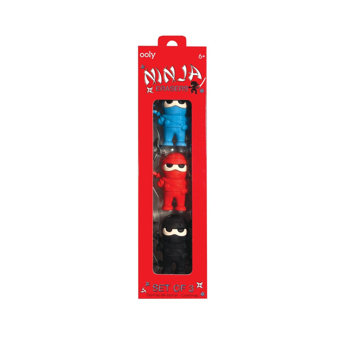 The Ninja Eraser set featuring three character-shaped erasers in red, blue, and black, displayed in their clear retail packaging.