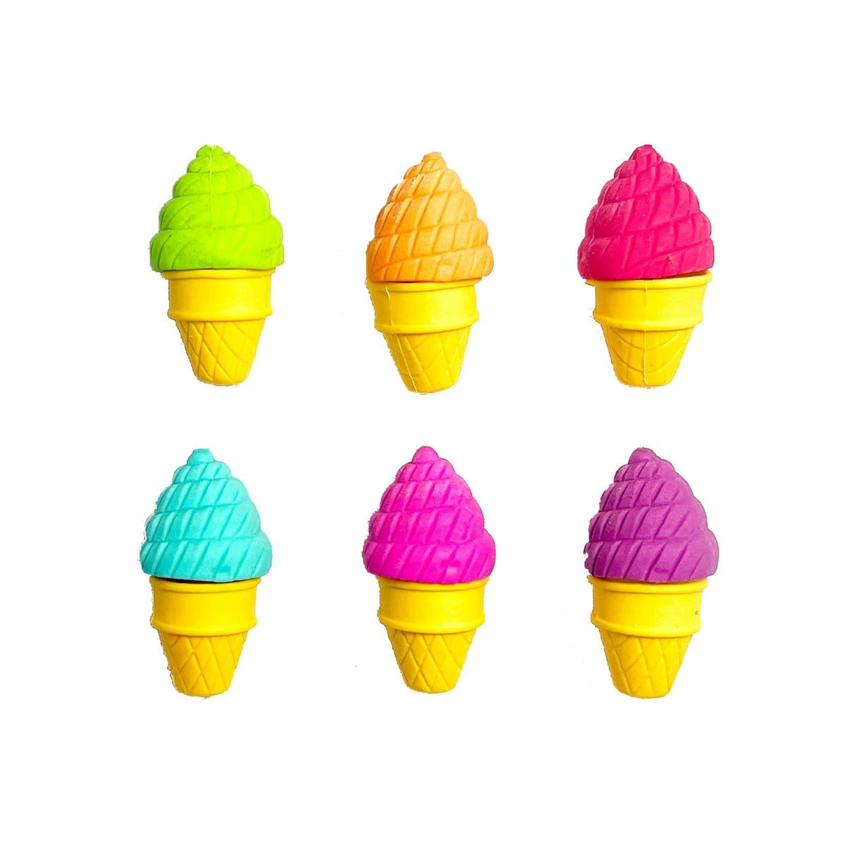 Set of six colorful ice cream cone-shaped erasers that are vanilla scented and able to mix and match
