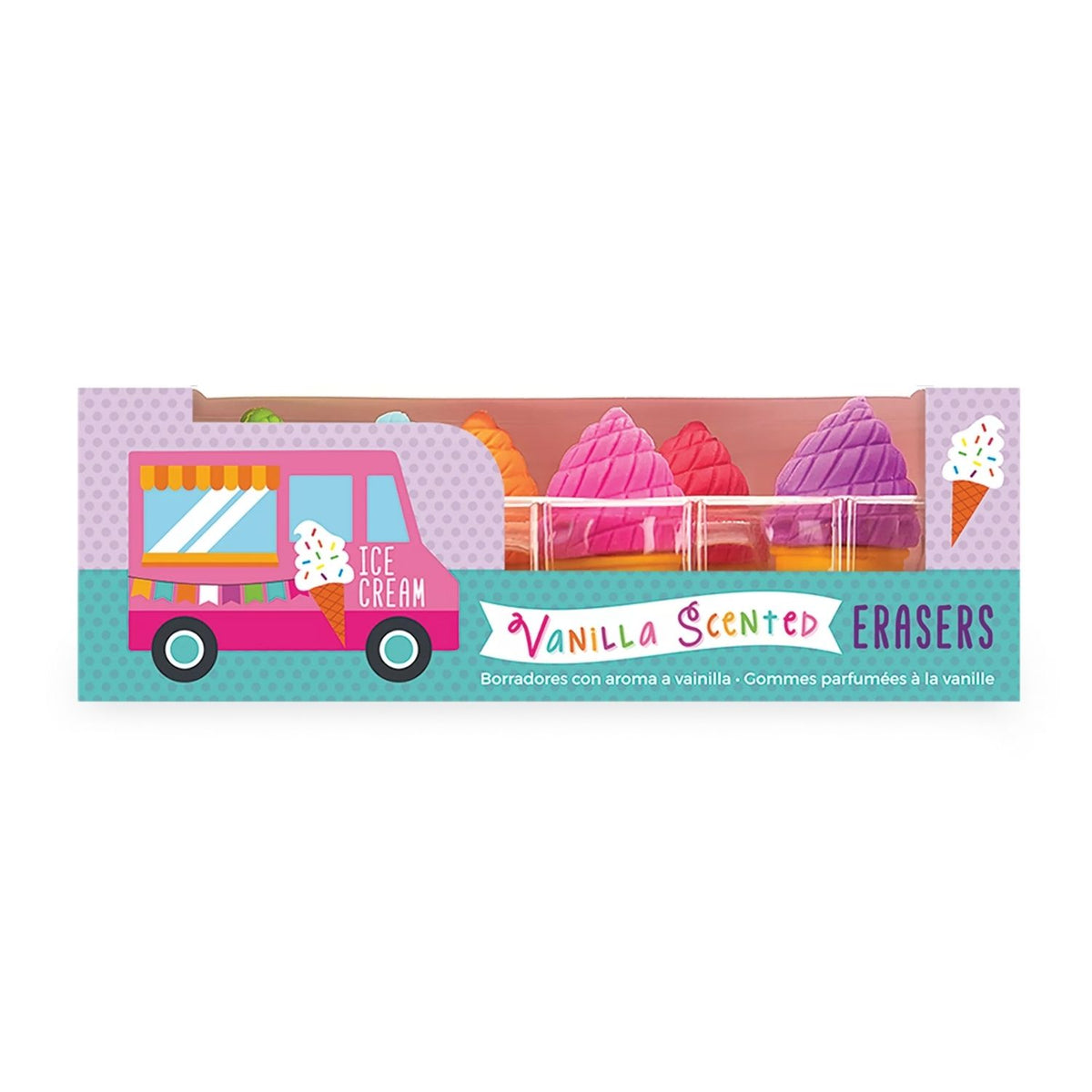 Box of vanilla scented erasers with ice cream truck design on a white background