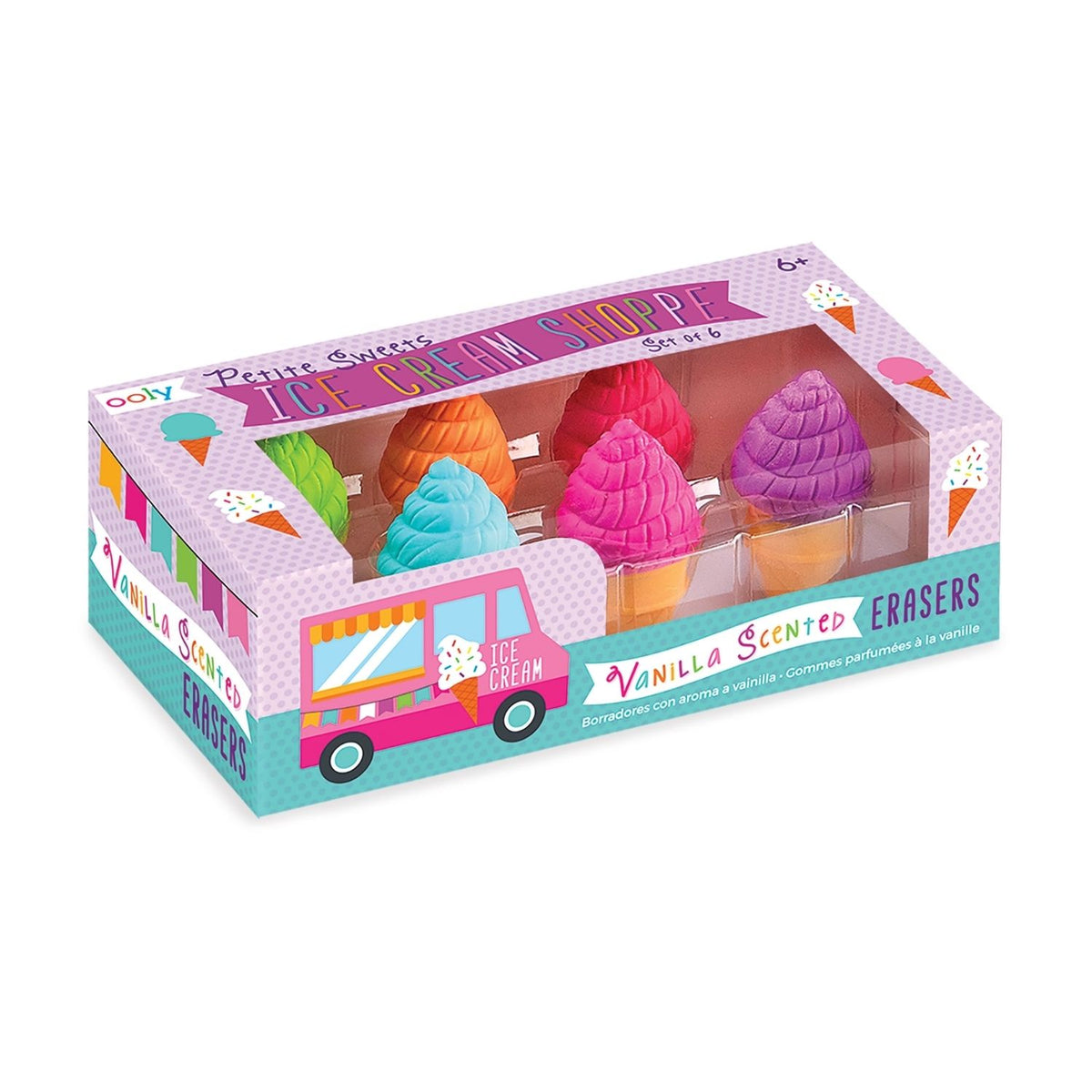 Box of ice cream-themed vanilla scented erasers with colorful ice cream cones and a truck.