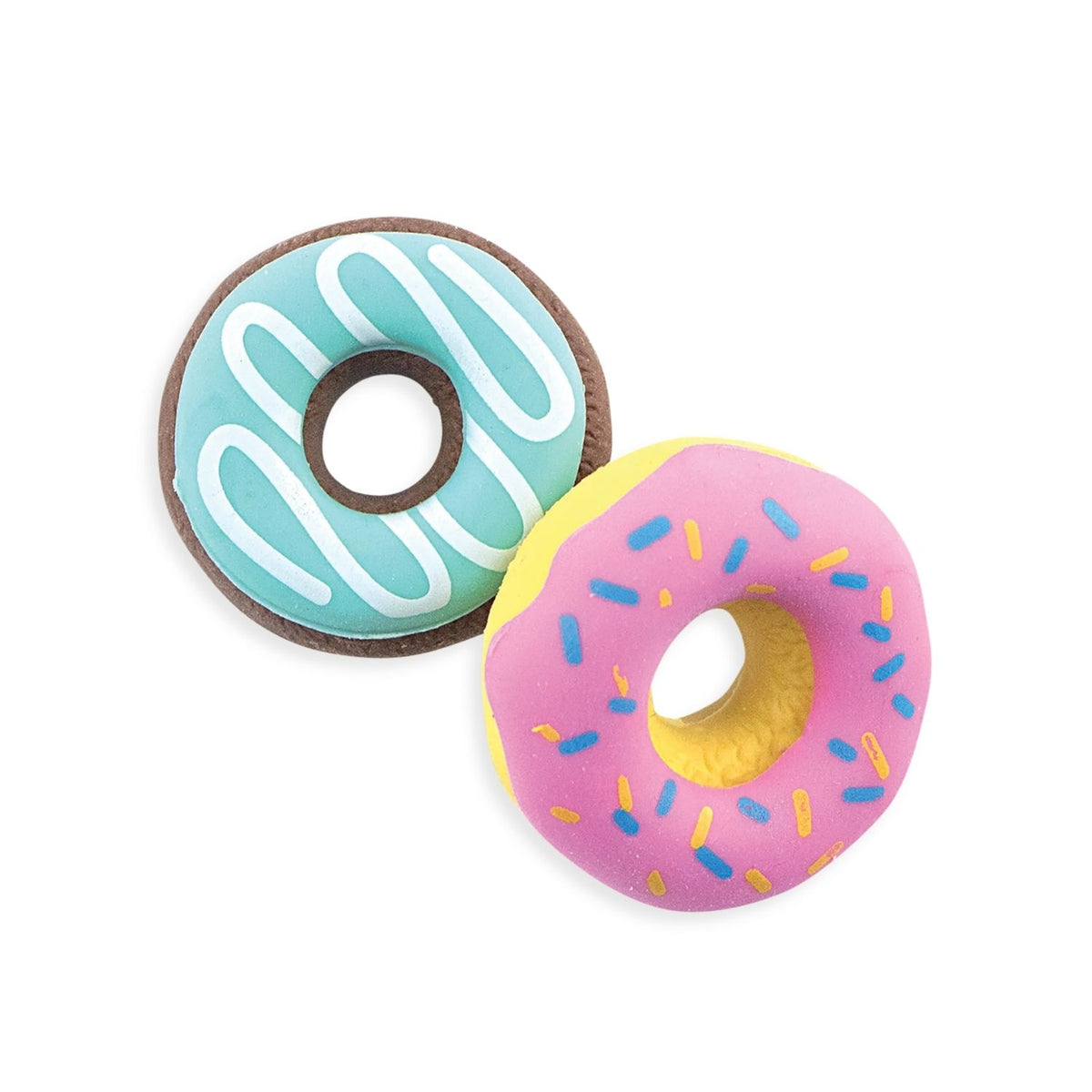 A close-up of a single pink-frosted donut eraser, showing the realistic "sprinkles" and the soft, smudge-free texture.