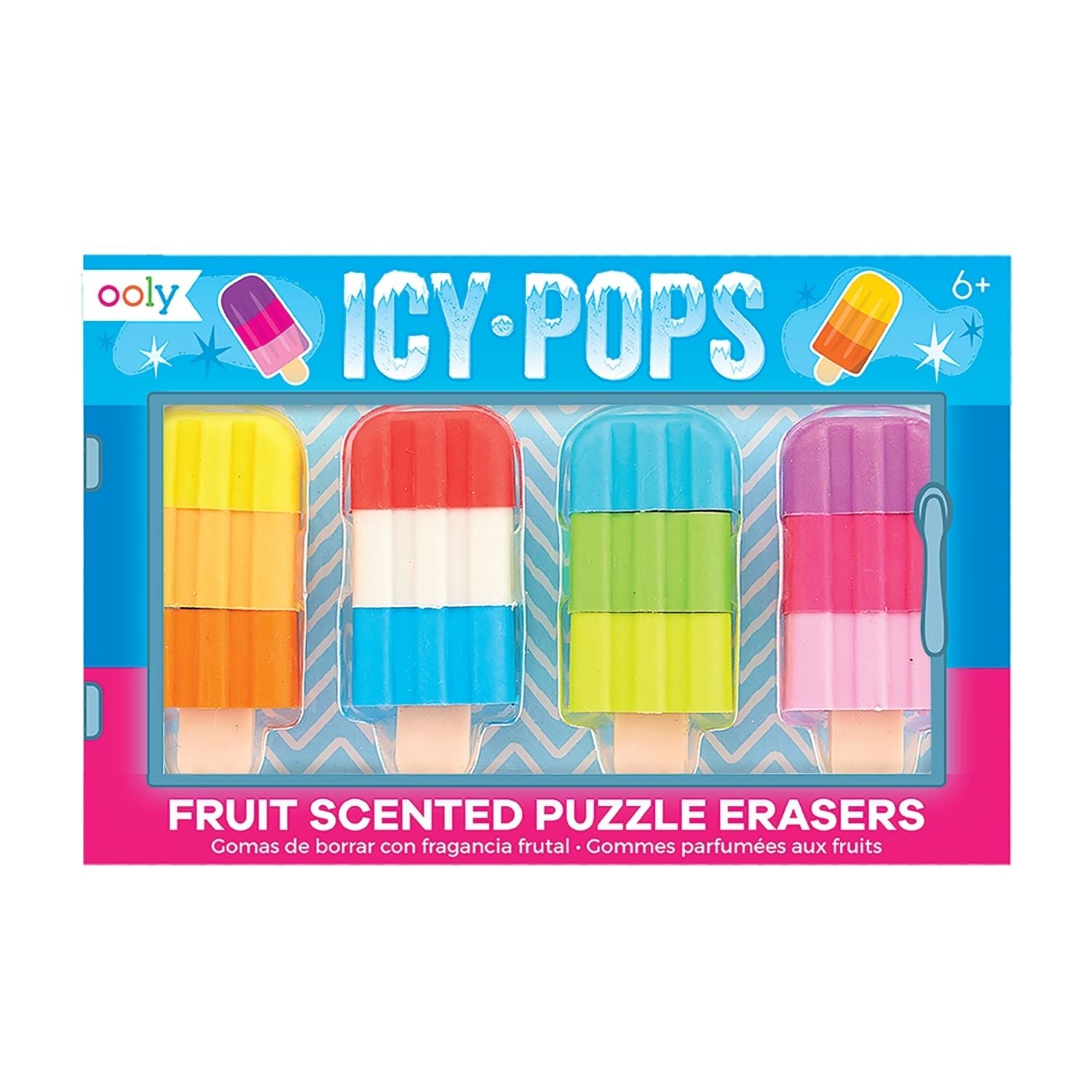 Packaging of fruit scented puzzle erasers shaped like icy pops with colorful design.