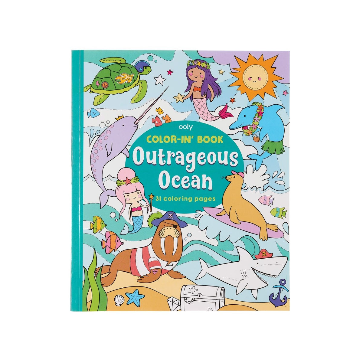 Coloring book titled 'Outrageous Ocean' with ocean-themed illustrations on a white background.