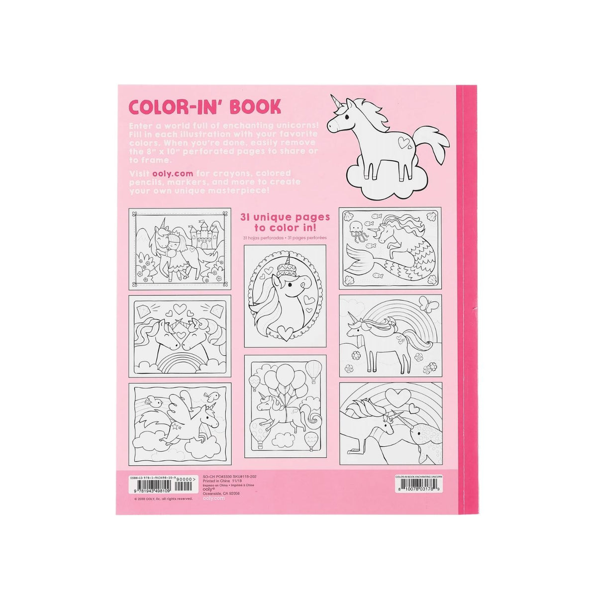 The back cover of the colouring book showing the whimsical unicorn illustrations in a large 8x10 format. 31 perforated pages on thick paper to prevent mess. A great choice for hours of screen-free creative play.
