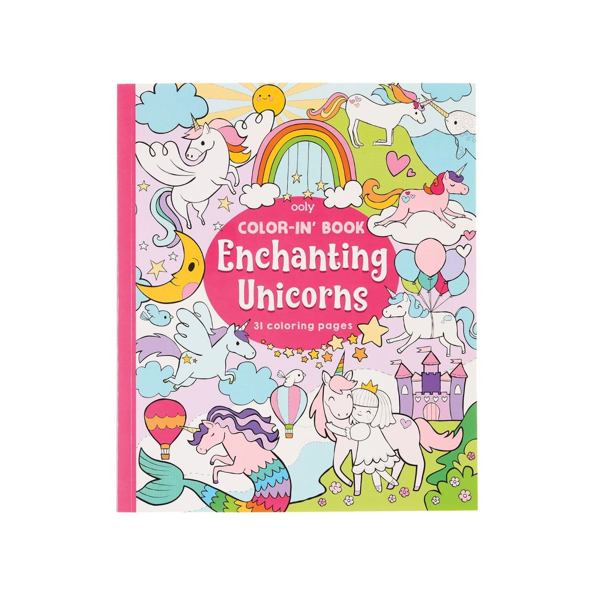 The Enchanting Unicorns Colouring Book cover featuring a cheerful unicorn leaping over a rainbow in bright, whimsical colours.