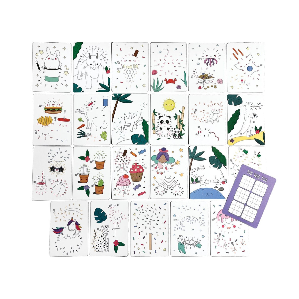 All 24 cards fanned out to demonstrate the variety of designs, including prehistoric dinosaurs, sweet treats, and friendly animals.