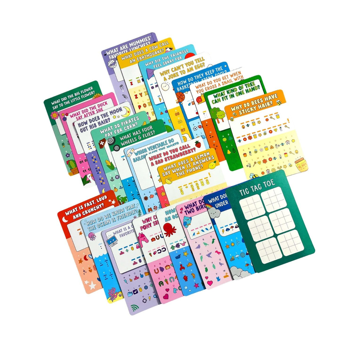 All 24 cards fanned out to demonstrate the variety of funny themes and illustrations included in the "Case of the Giggles" set.