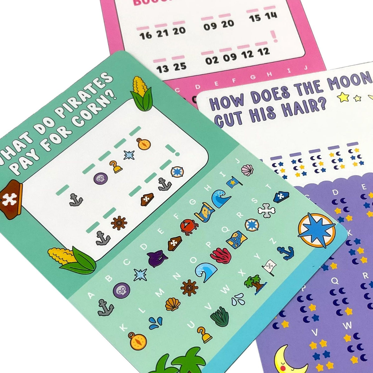 A collection of three cards highlighting the secret code-cracking puzzle on the front
