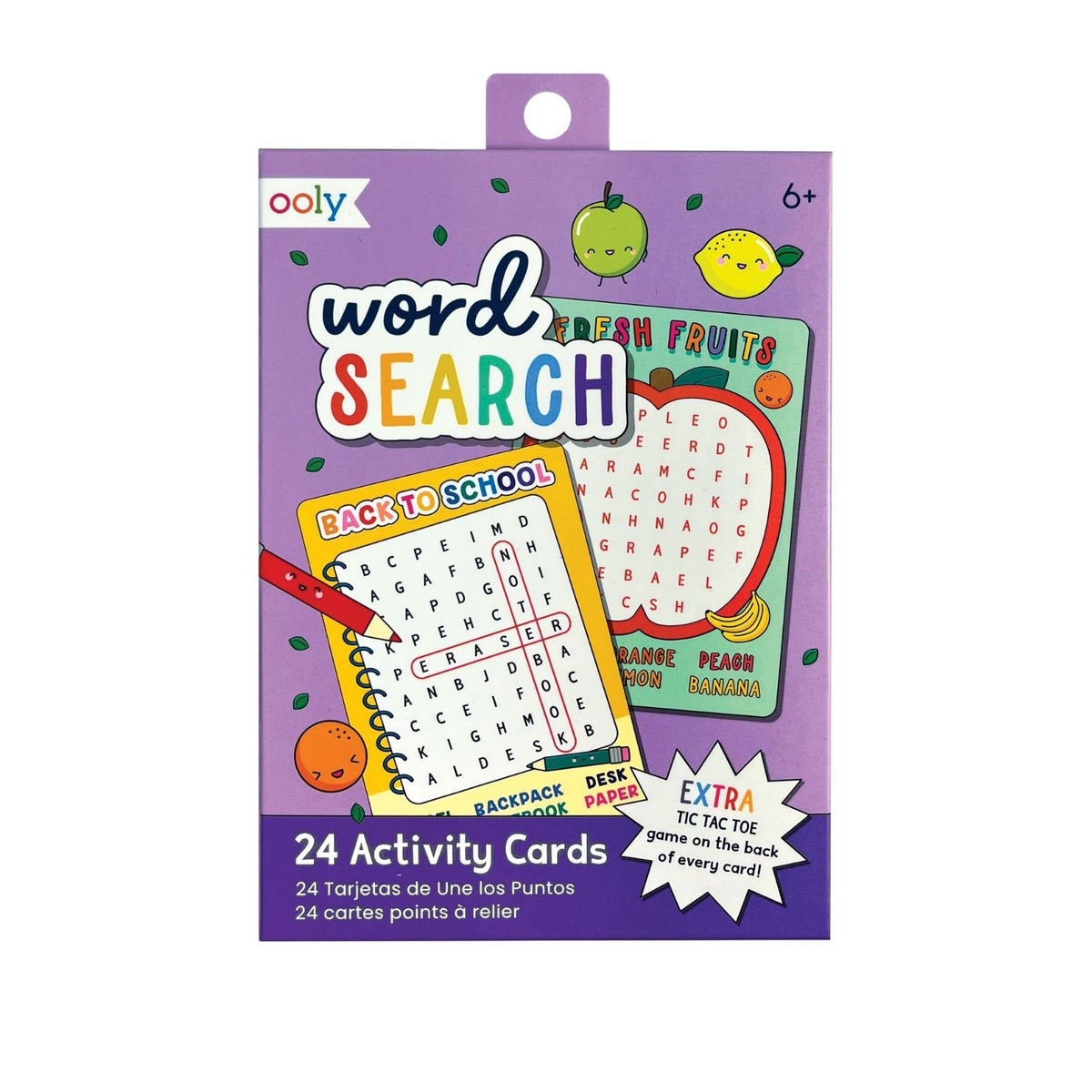 The Word Search Activity Card set showing the illustrated box and several 6x4 cards featuring clear word grids and themed vocabulary lists.