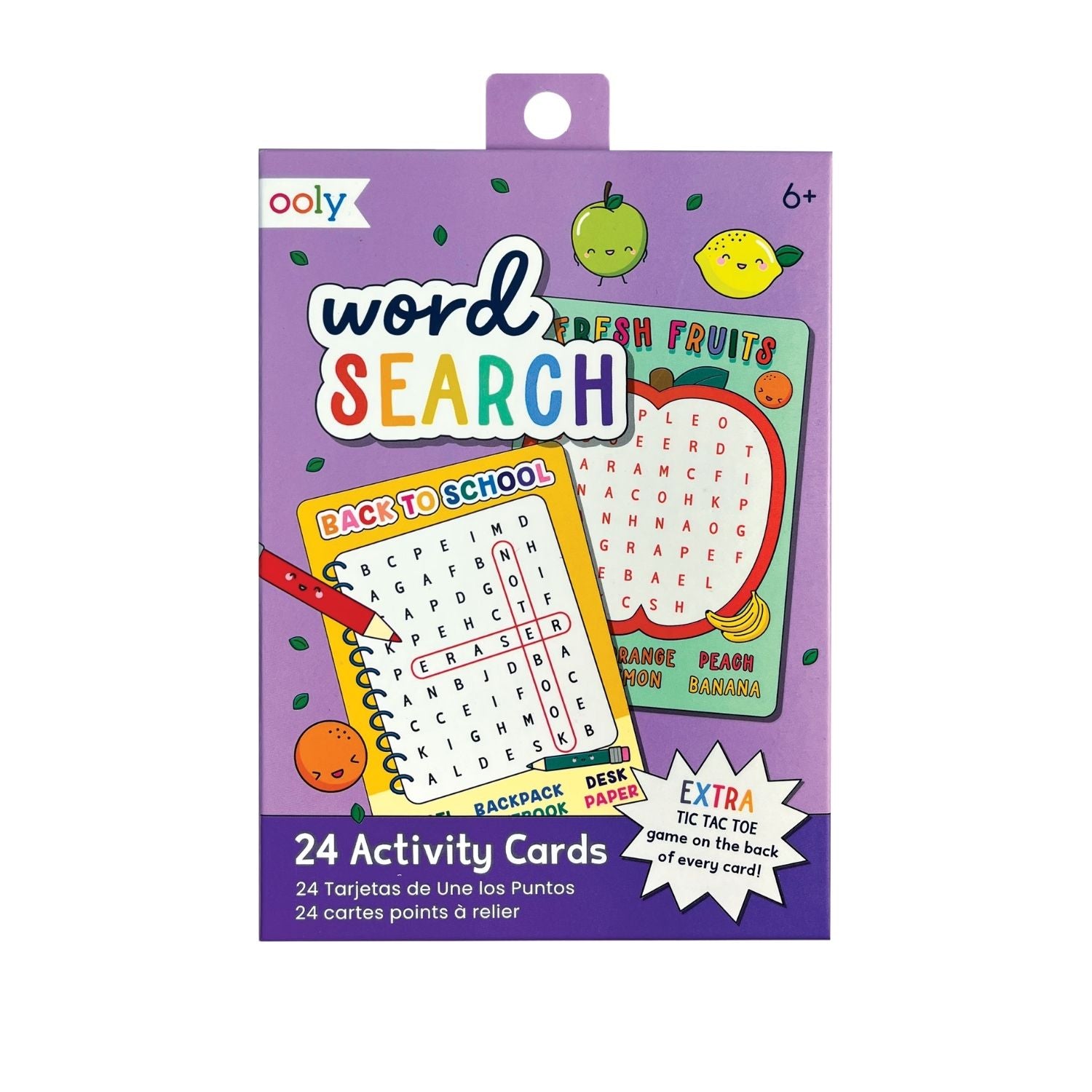 The Word Search Activity Card set showing the illustrated box and several 6x4 cards featuring clear word grids and themed vocabulary lists.