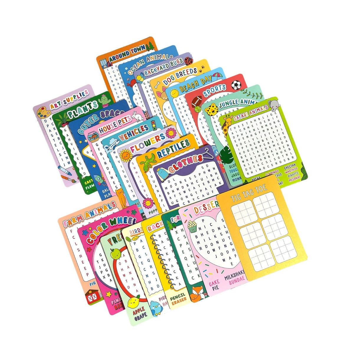 All 24 cards fanned out to demonstrate the variety of themes, including breakfast foods, fruit, and back-to-school essentials.