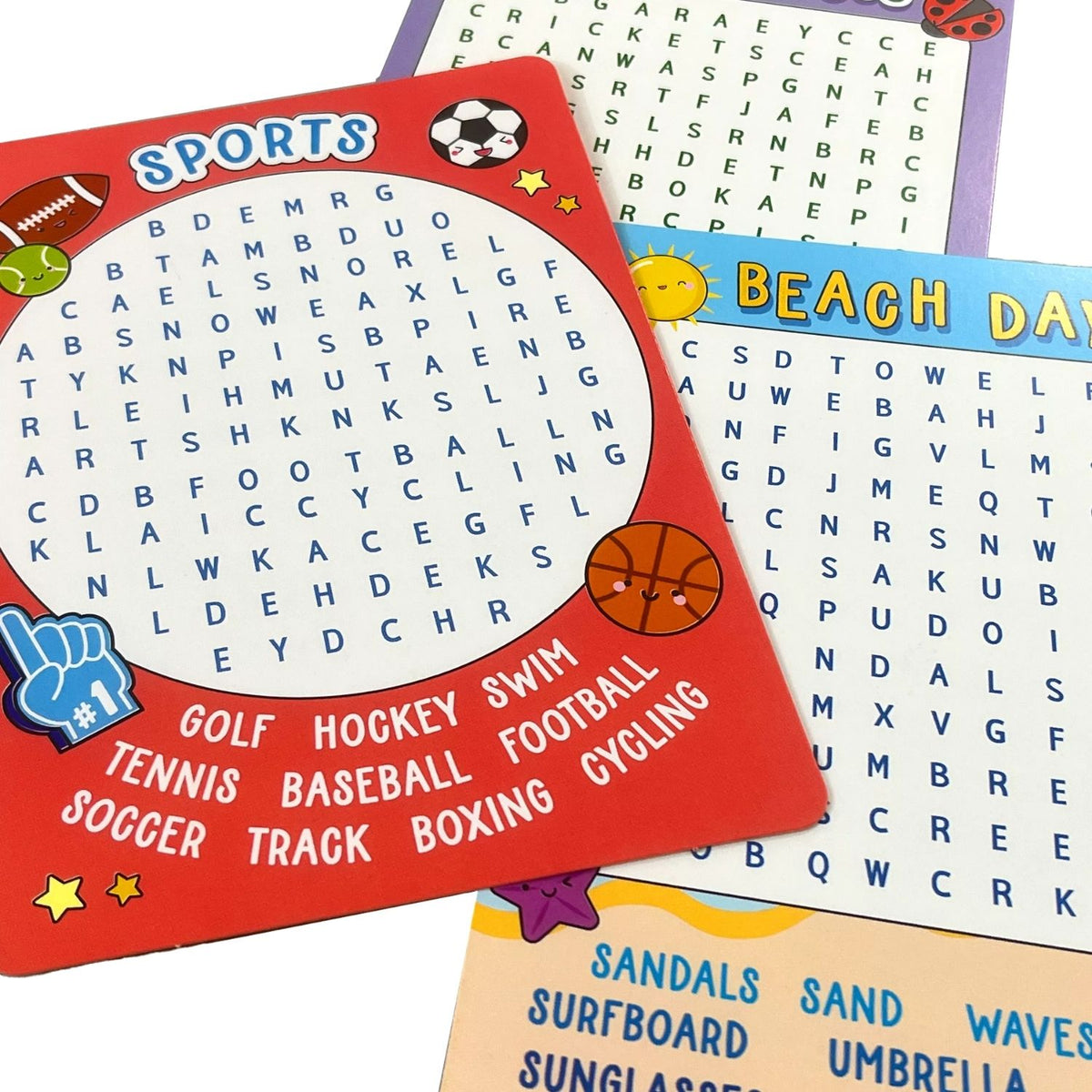 A collection of 3 cards highlighting the themed word search on the front 