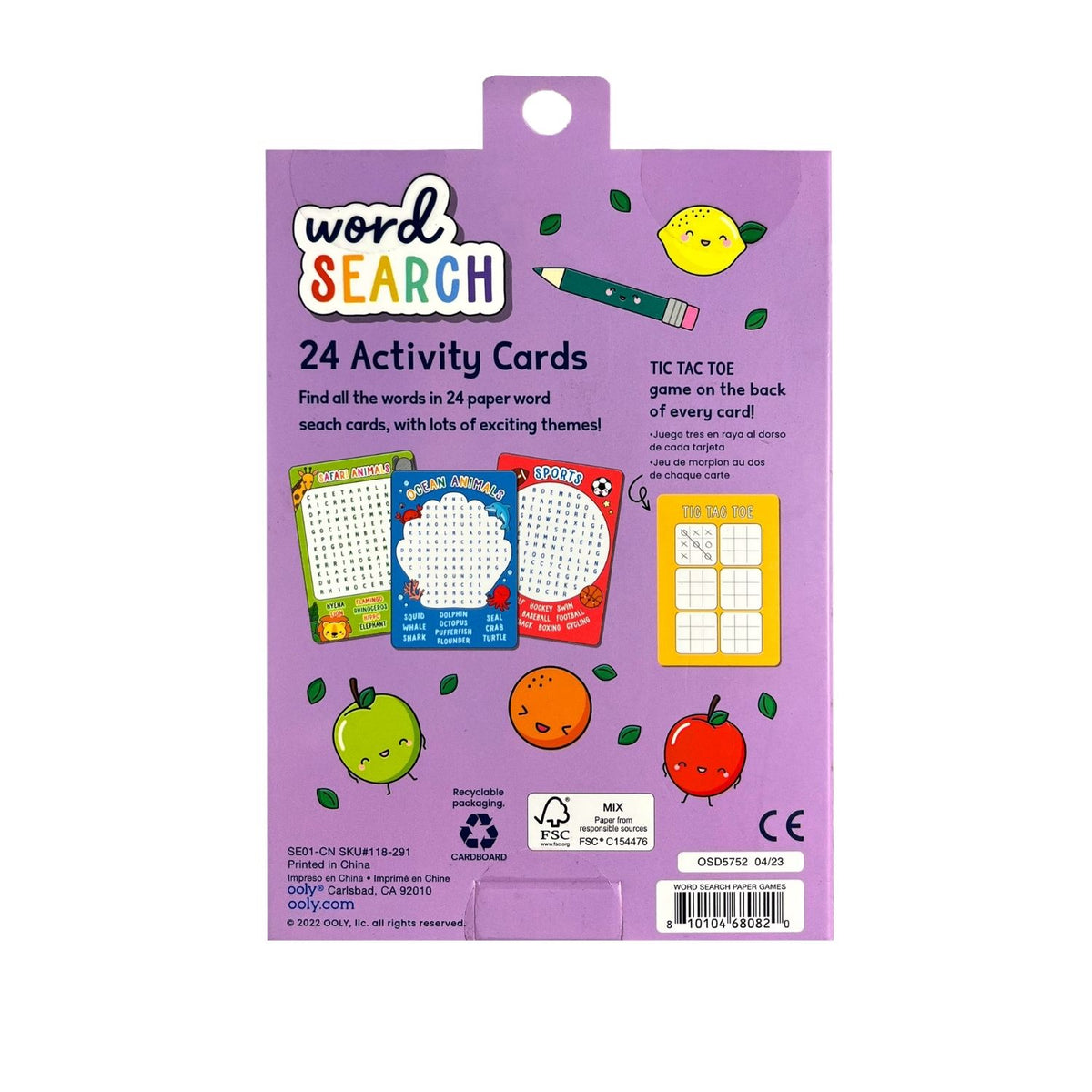 Packaging of word search activity cards with colorful illustrations on a purple background