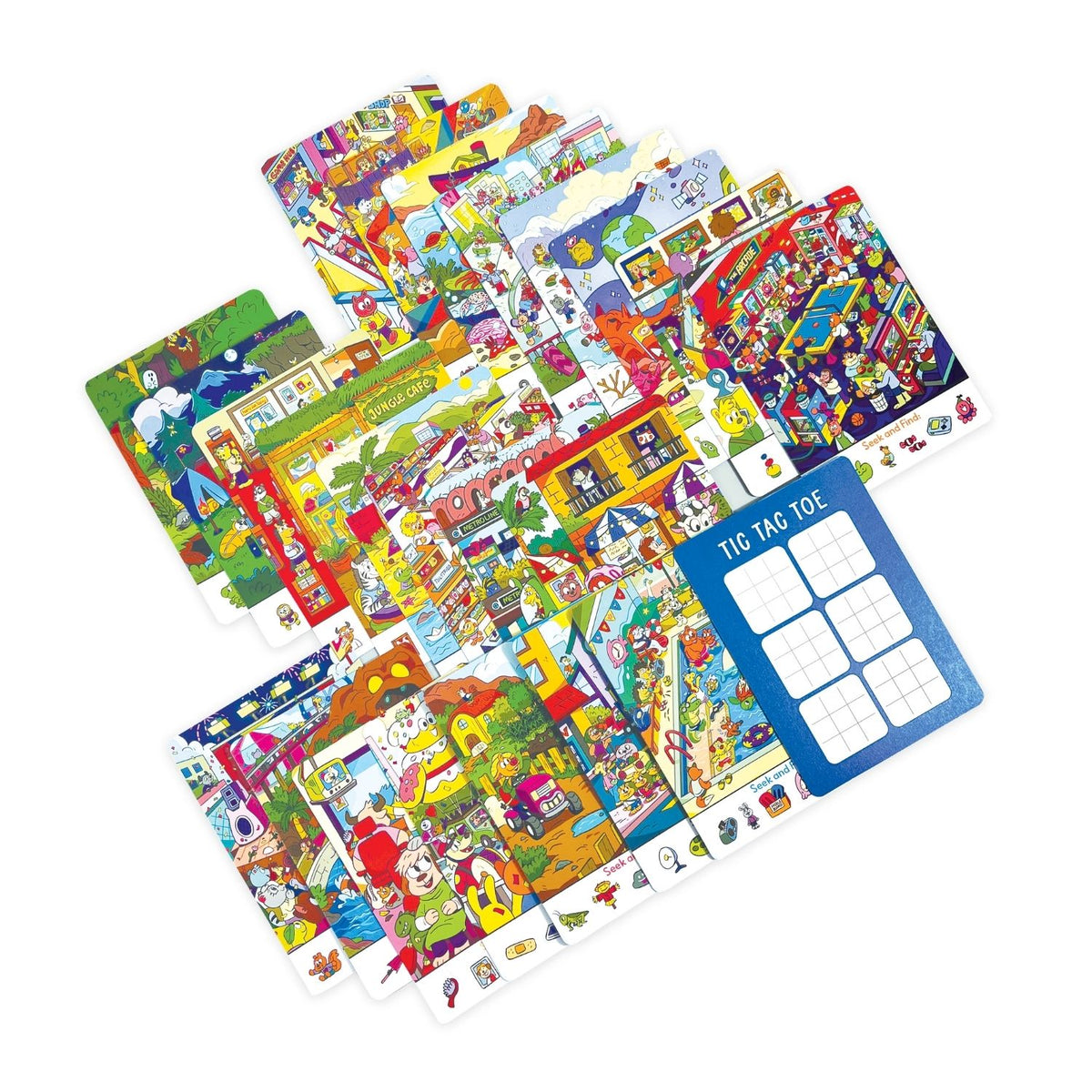 All 24 cards fanned out to demonstrate the variety of themes, from flying hamburgers to quirky underwater and space characters.