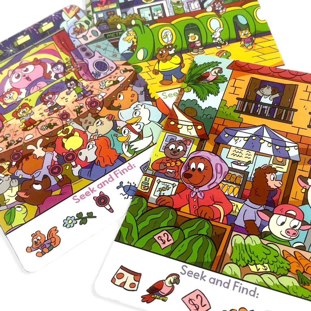 a collection of 3 cards highlighting the detailed "find-it" illustration on the front 
