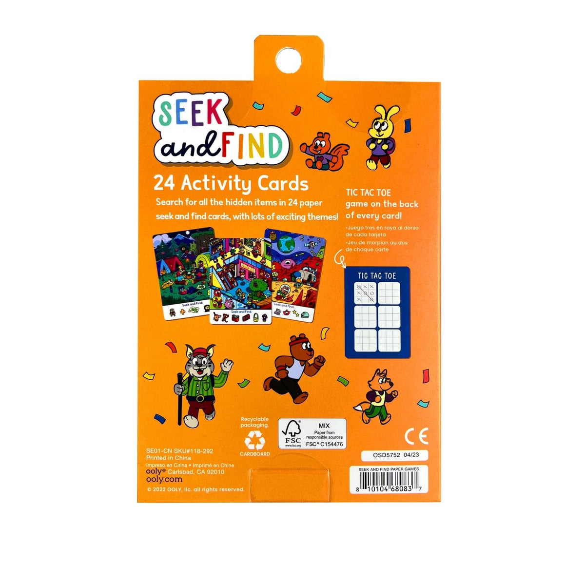 Packaging of Seek and Find 24 Activity Cards with cartoon animals on an orange background