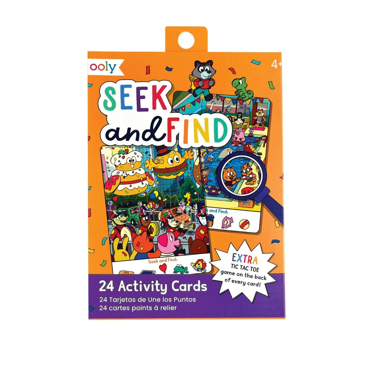 The Seek & Find Activity Card set showcasing the vibrant, illustrated box and several 6x4 cards featuring busy, whimsical search scenes.