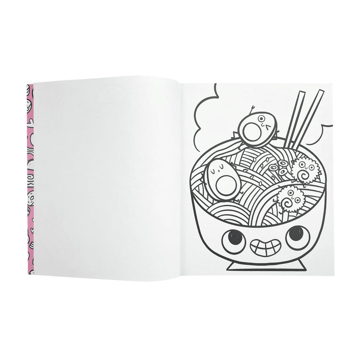 Coloring book page with a bowl of ramen illustration on a white background