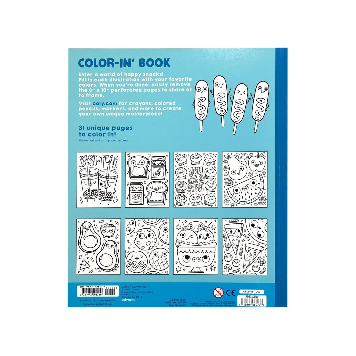 A large 8x10 snack-themed colouring book with 31 whimsical designs. Perforated pages make sharing art simple. High-quality paper helps prevent bleed-through.