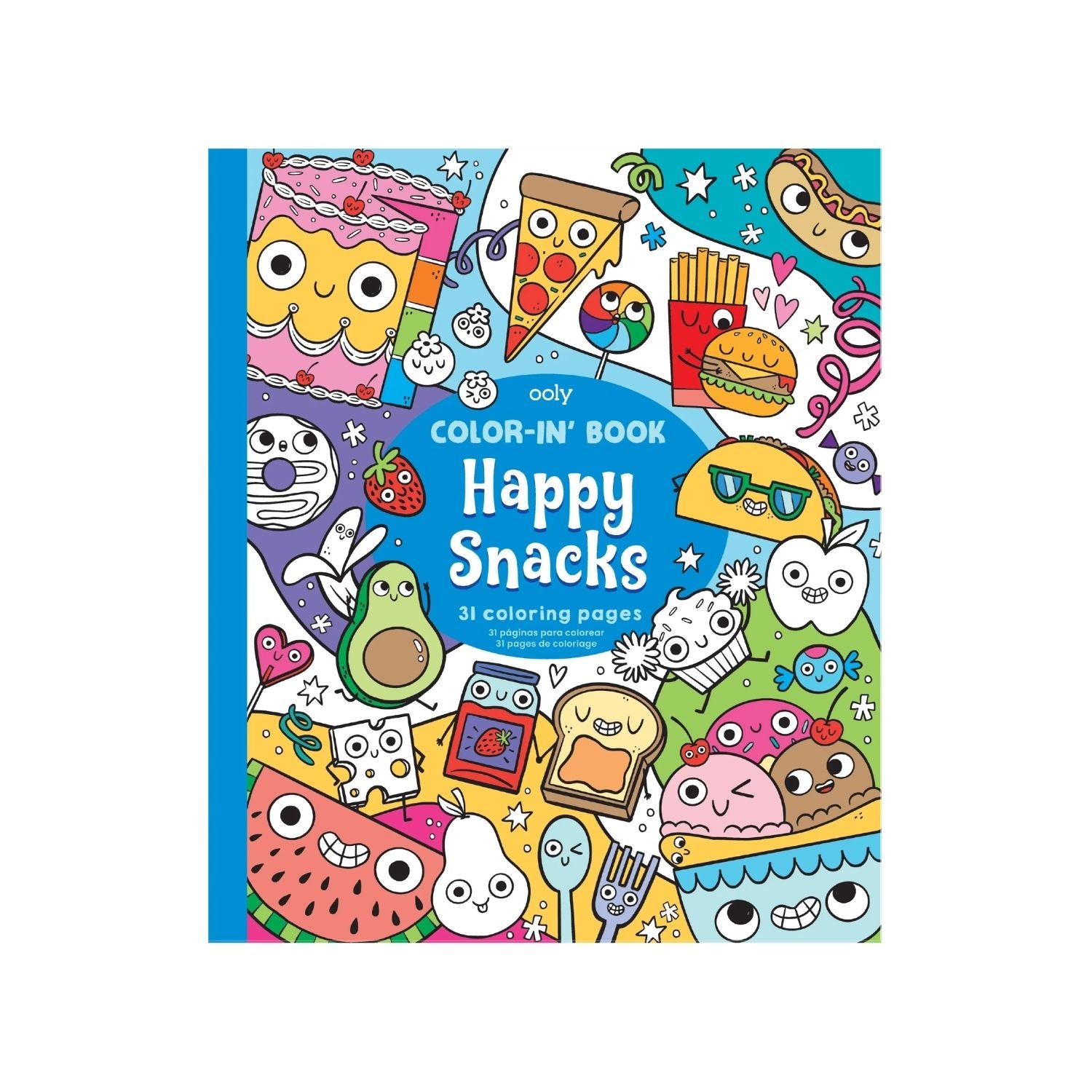 The Happy Snacks Colouring Book cover featuring a smiling boba tea and pizza slice illustration in bright, cheerful colours.