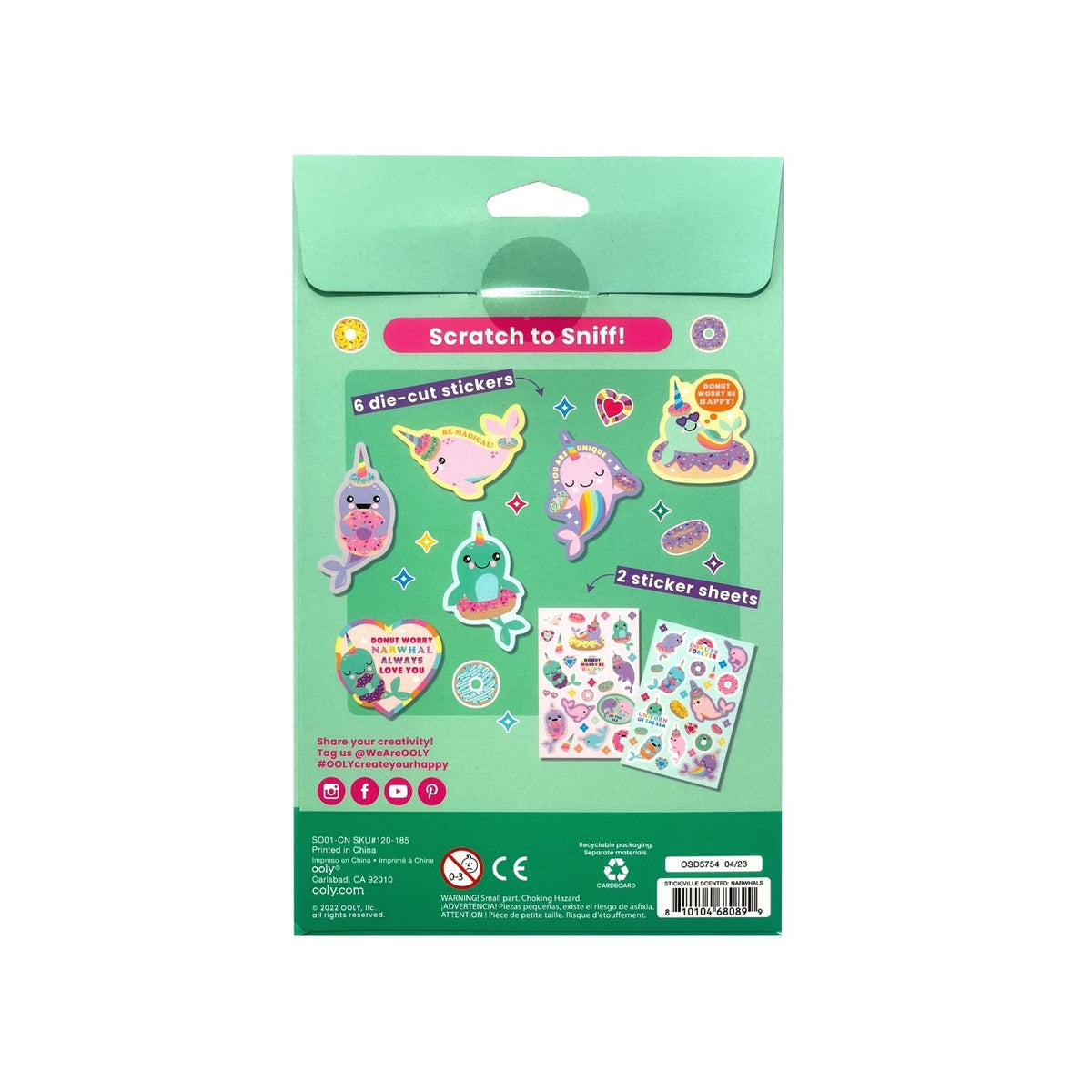 Packaging of a sticker set with die-cut stickers and text 'Scratch to Sniff' on a green background.