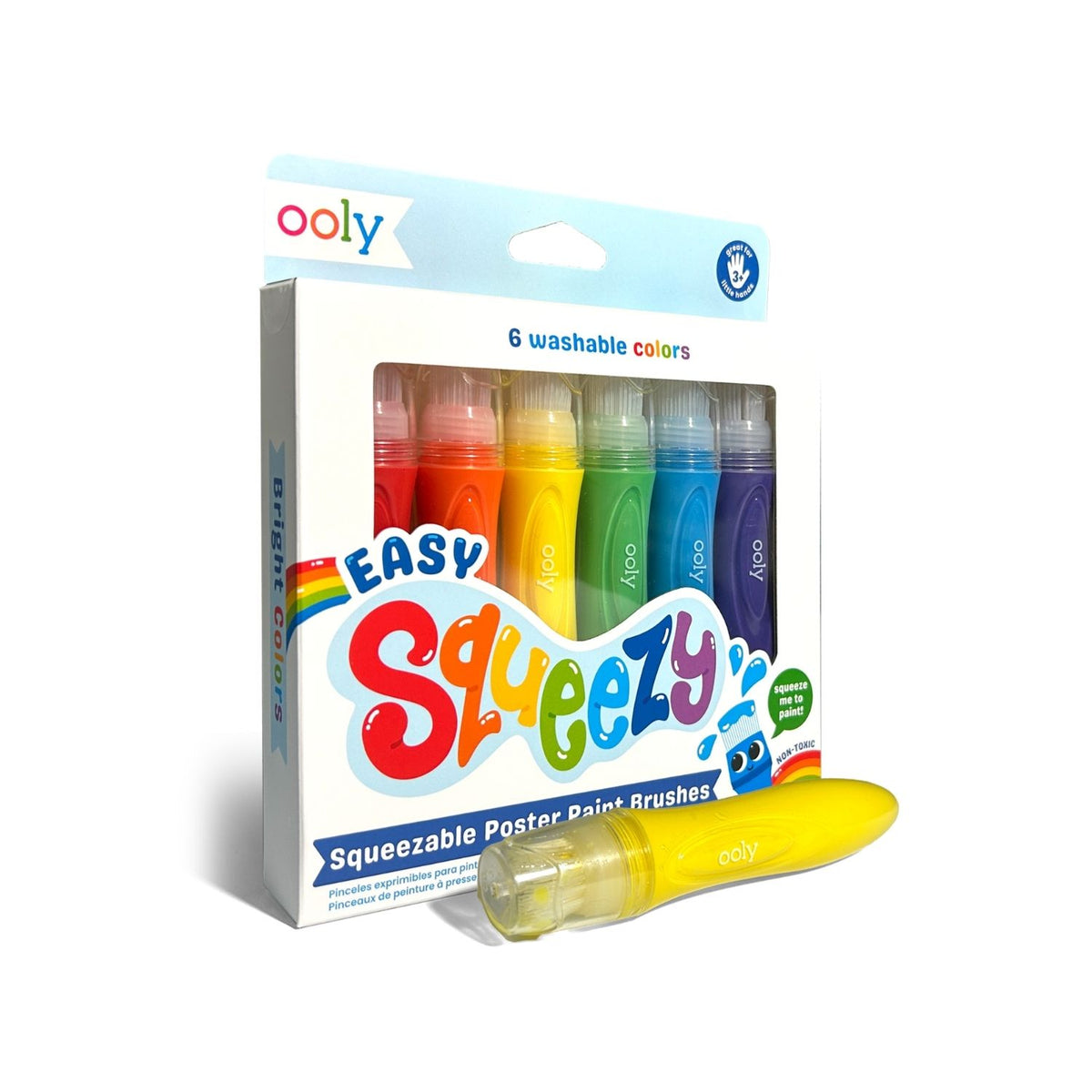 Packaging of Ooly Easy Squeezy squeezable poster paint brushes with a yellow brush 