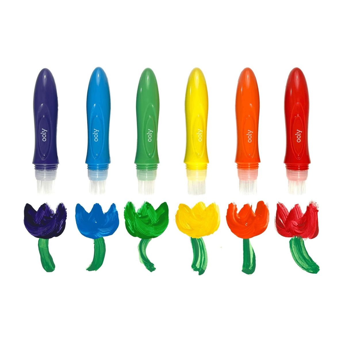 Set of colorful children's paint pens with tulip-shaped swatches 