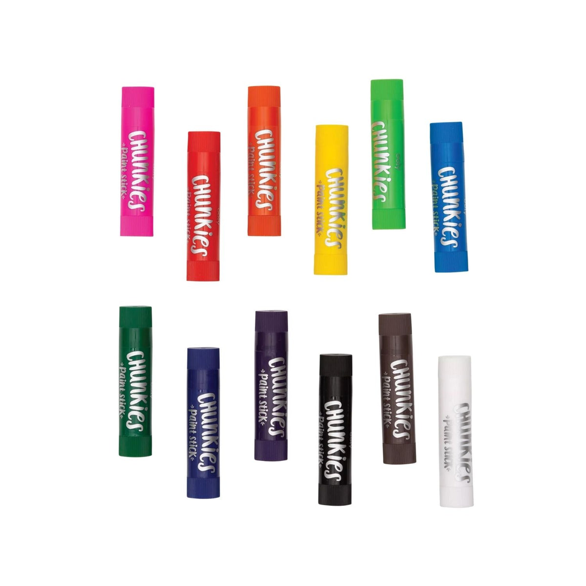 All 12 paint sticks arranged without caps, demonstrating the chunky, ergonomic barrel design built for small hands.