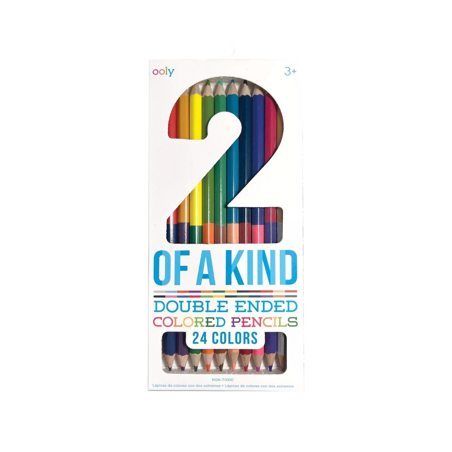 Packaging of double-ended coloured pencils with a rainbow design on a white background