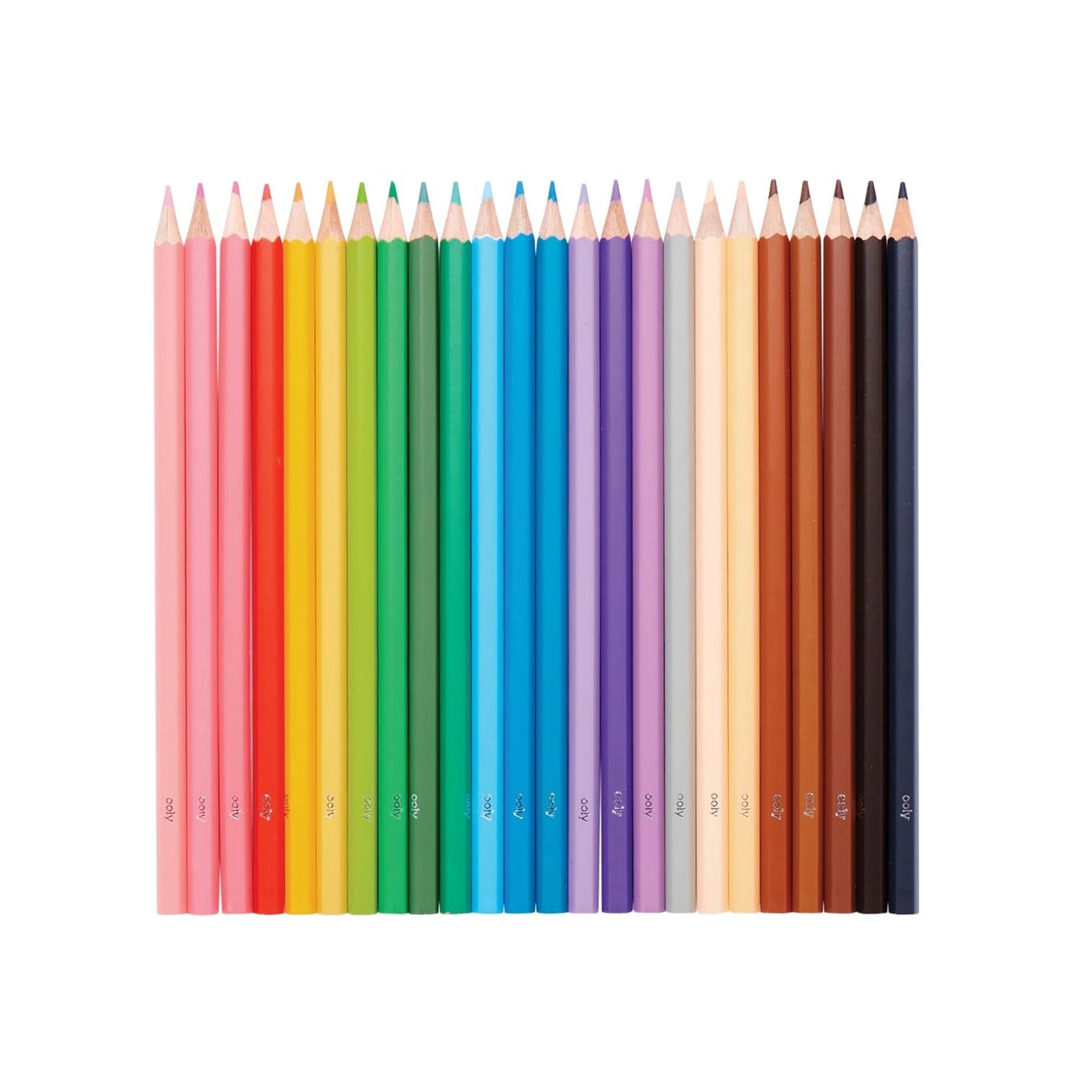 All 24 pencils fanned out on a white surface, demonstrating the high-quality wood barrels and pre-sharpened tips.