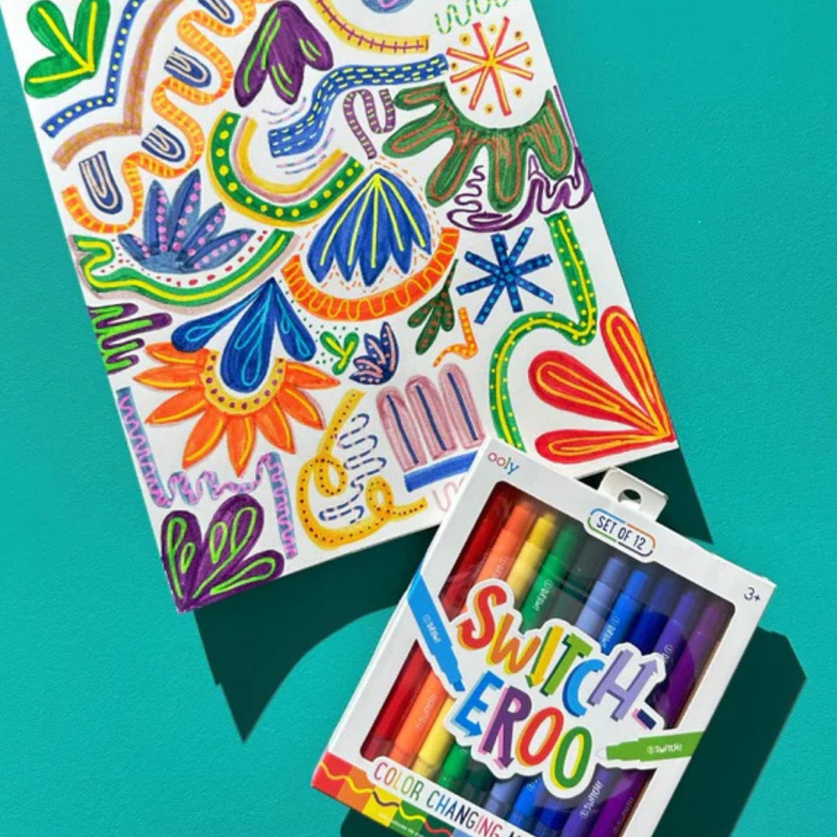 Colorful drawing in progress that uses the base colours for large shapes and the magic changer for adding patterns like polka dots and lines and 'Switcheroo' colour-changing pens