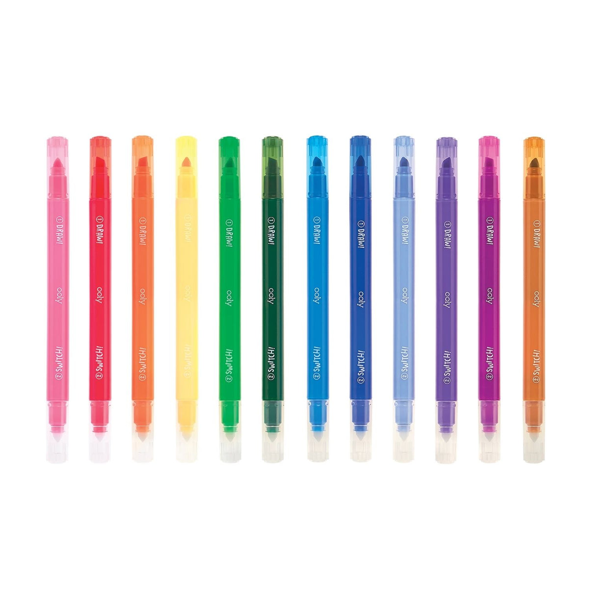 All 12 markers arranged in a row to show the rainbow of base colours, highlighting the sleek barrels and colour-coded caps.