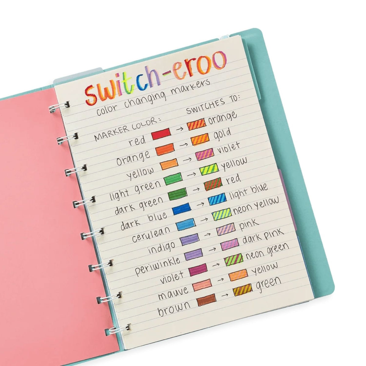 Color-changing markers chart in a notebook with pink cover