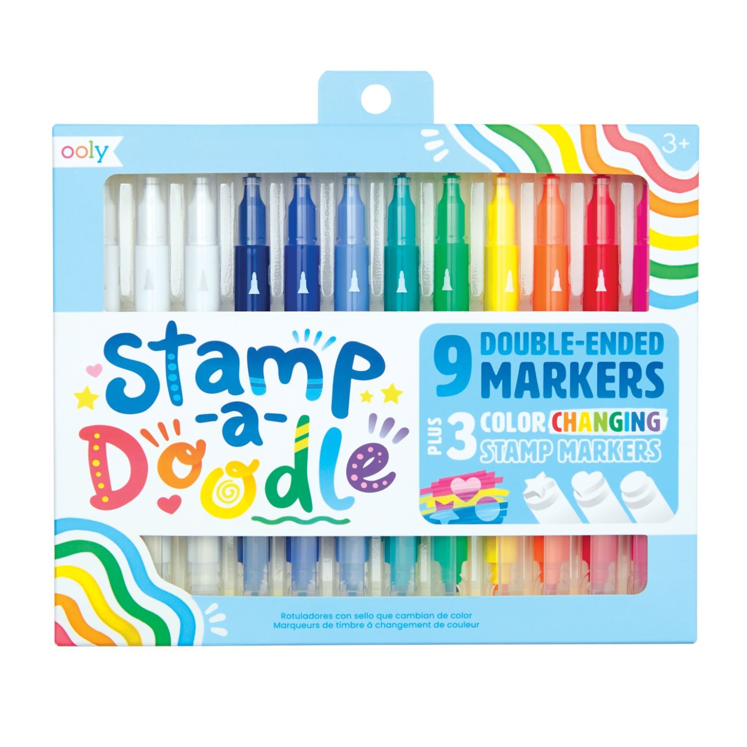 Packaging of Stamp-a-Doodle double-ended markers with colorful markers inside.