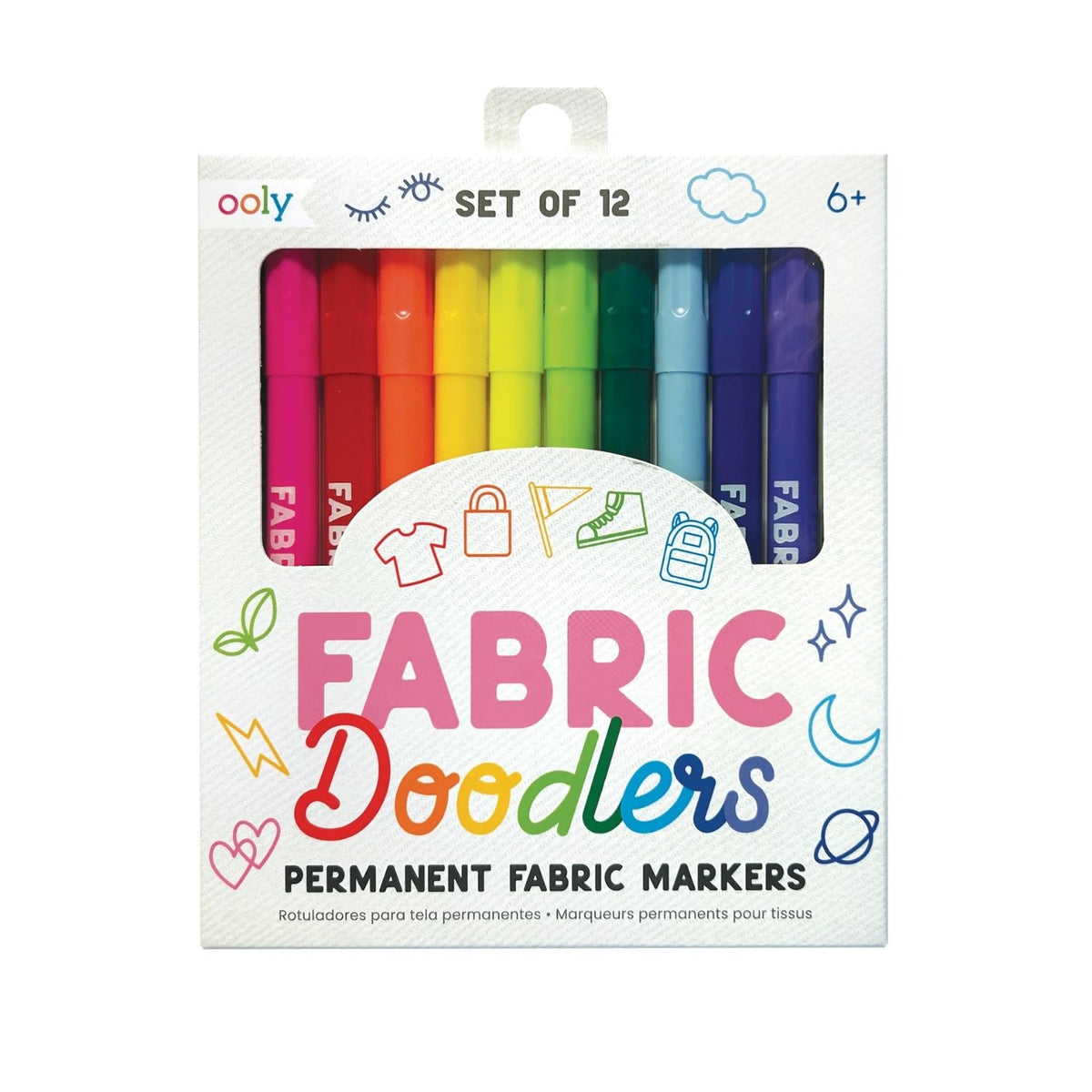 The Ooly Fabric Doodlers set featuring 12 permanent markers in a full rainbow of colours, displayed in their clear retail packaging.