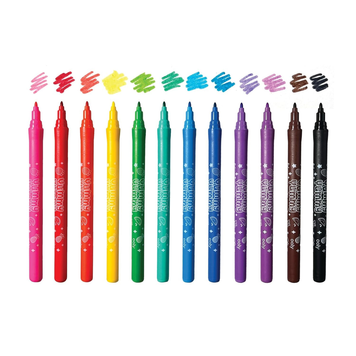 All 12 markers arranged in a gradient arc, from bold primary reds to deep blacks, highlighting the complete colour spectrum.