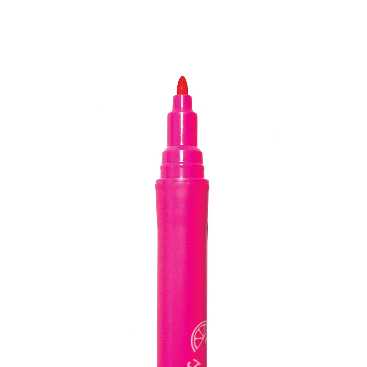 A close-up of a single marker with the cap off, showing the durable pointed tip designed for both detailed outlines and broad colouring.