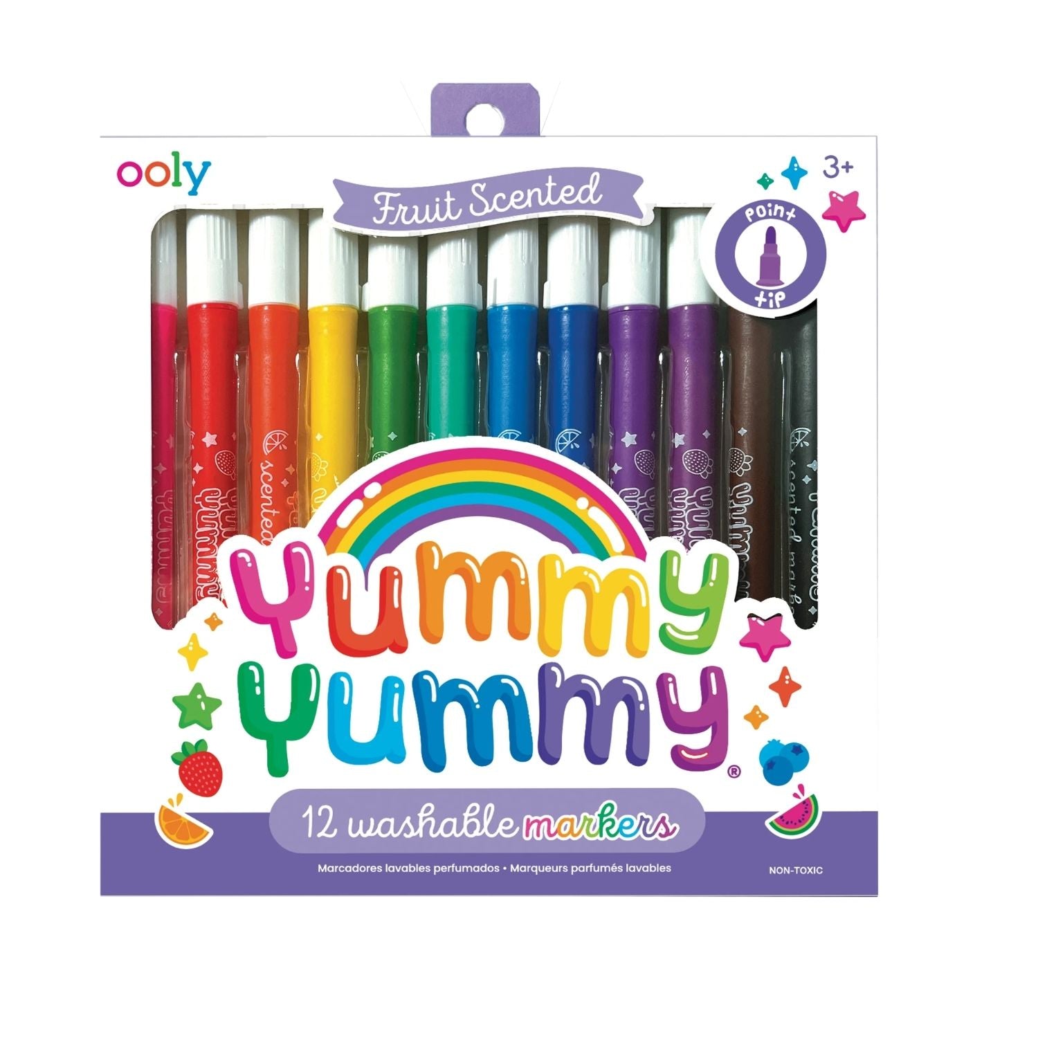 Pack of 12 colorful washable markers with 'Yummy Yummy' branding on a white background