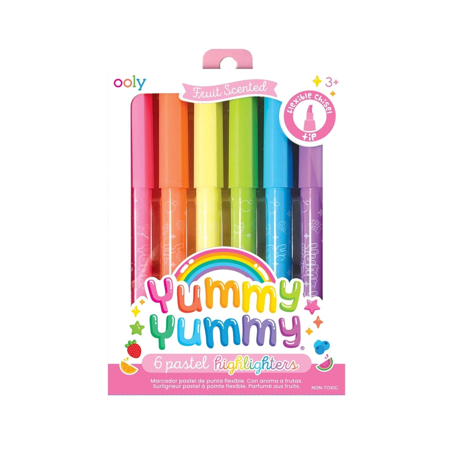 The 6-pack of Fruit-Scented Pastel Highlighters displaying the soft rainbow of pen barrels and fruit-theme.