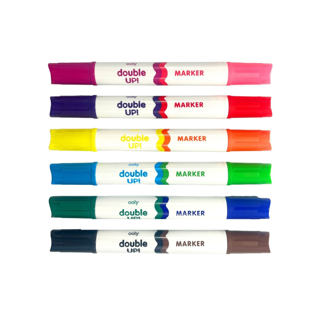 All 6 markers arranged in a row to showcase the full 12-colour spectrum, from bold primaries to bright secondary tones.