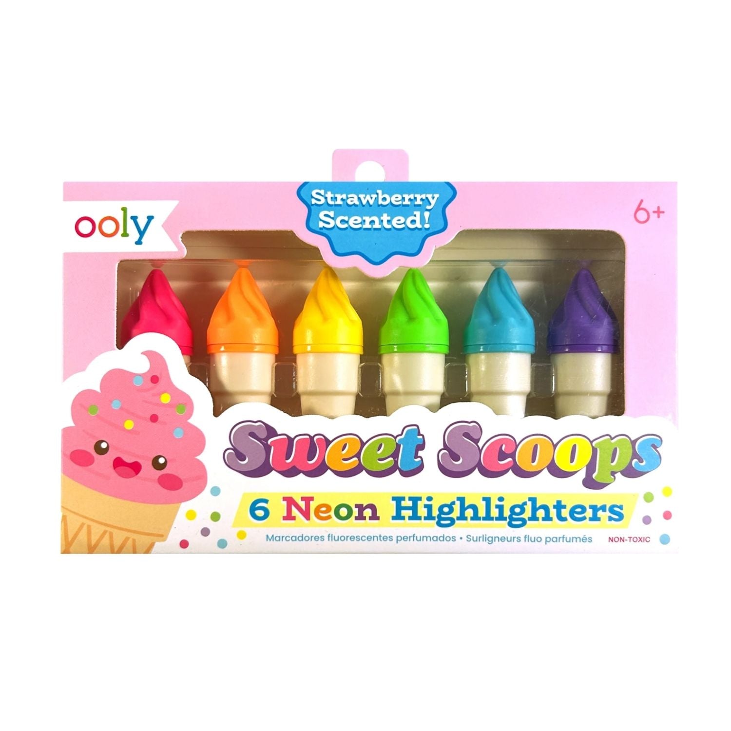 Packaging of Ooly Sweet Scoops neon highlighters with ice cream cone design.