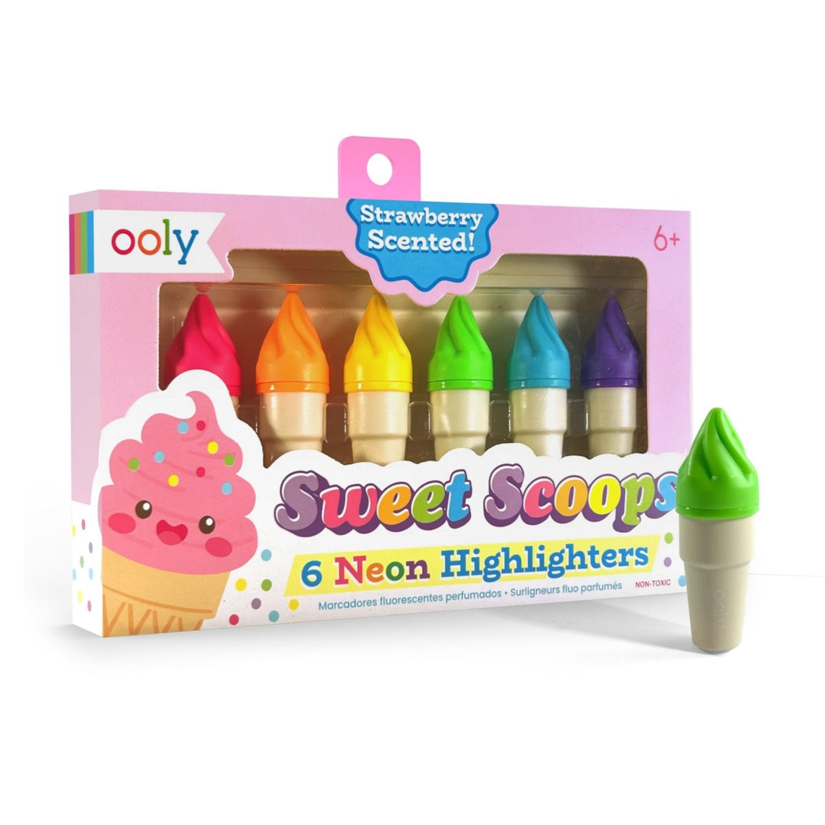 Packaging of Ooly Sweet Scoops neon highlighters with a strawberry-scented feature.