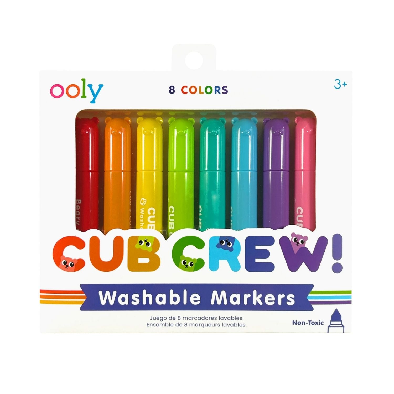 The Cub Crew Washable Markers set featuring 8 teddy bear-themed markers in a vibrant rainbow of colours, displayed in their clear, retail-ready packaging.