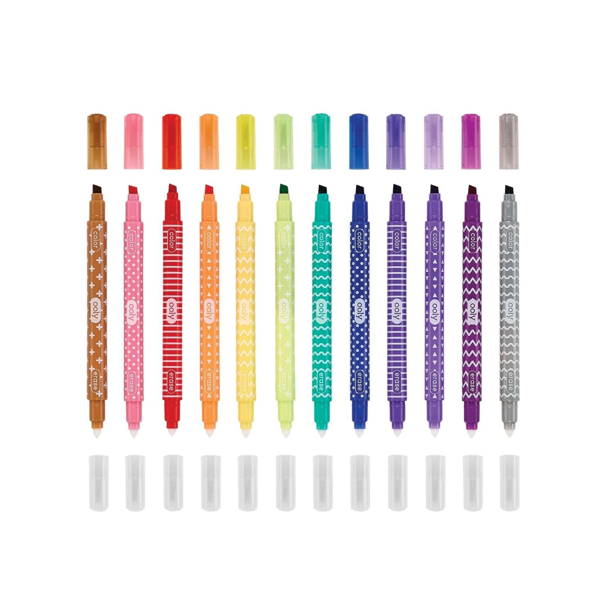 All 12 markers arranged in a row to display the complete spectrum of bright colours, chisel tips, and eraser tip.