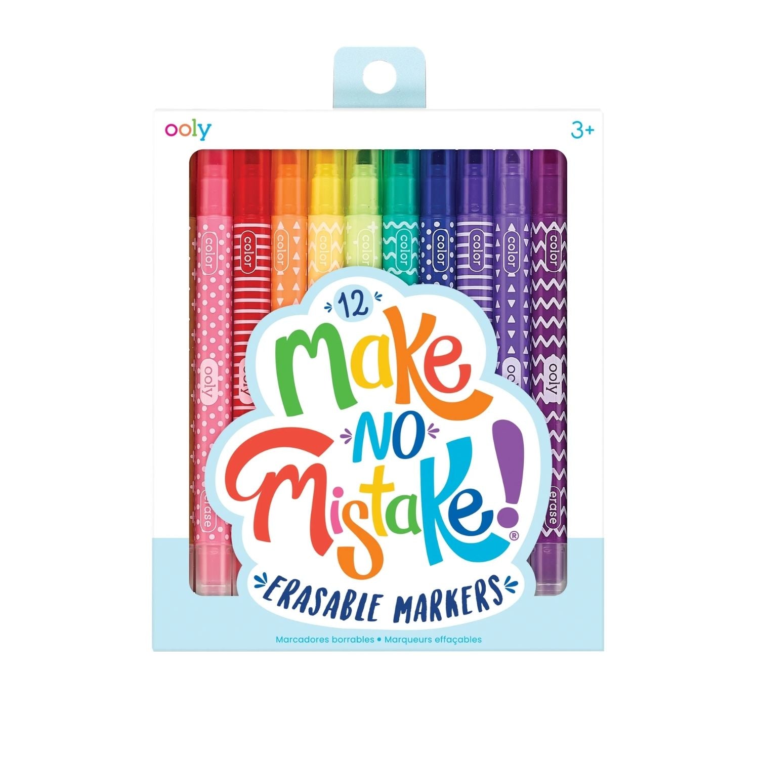 12 erasable markers with a 4mm chisel tip and a 3mm round tip. Fix "oopsies" on the fly or use the eraser to draw cool patterns. Non-toxic and parent-approved.