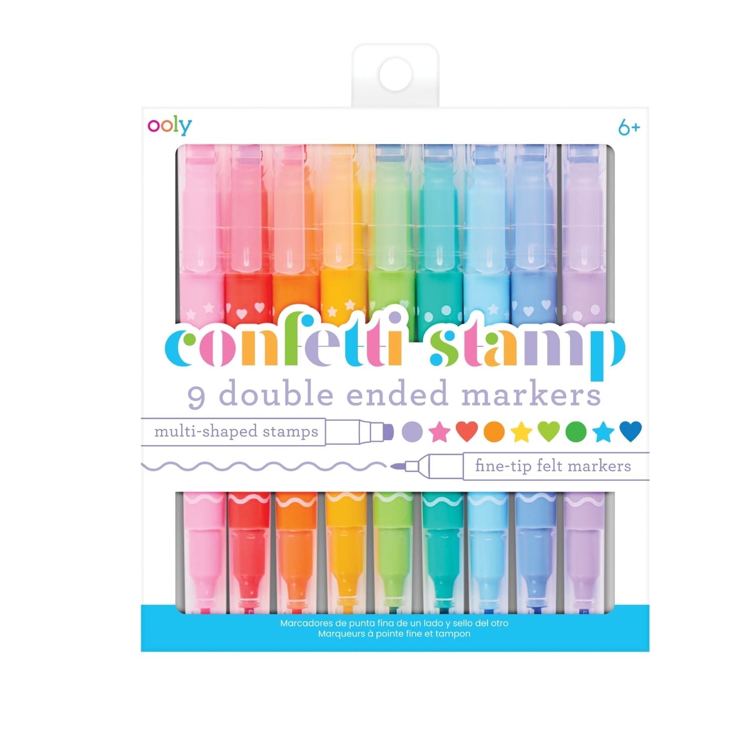 The Confetti Stamp Double-Ended Markers set in its clear retail box, showing the 9 colourful barrels and the distinct stamp icons on the caps.