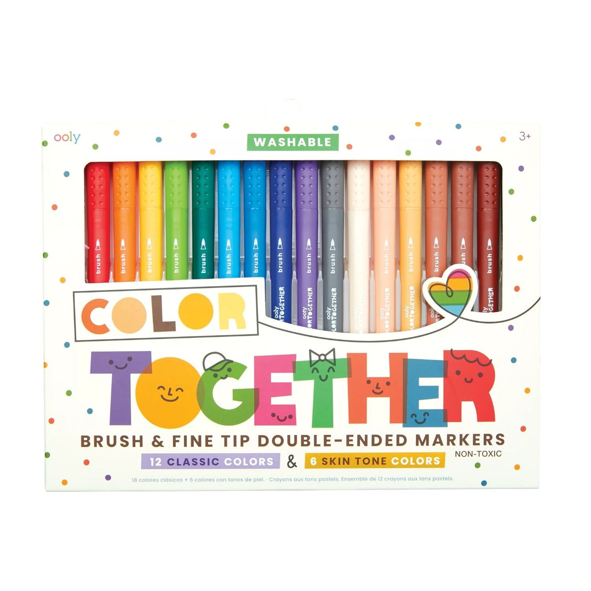The Colour Together marker set in its clear retail box, highlighting the 18 dual-ended markers and the specific section of inclusive skin tone shades.
