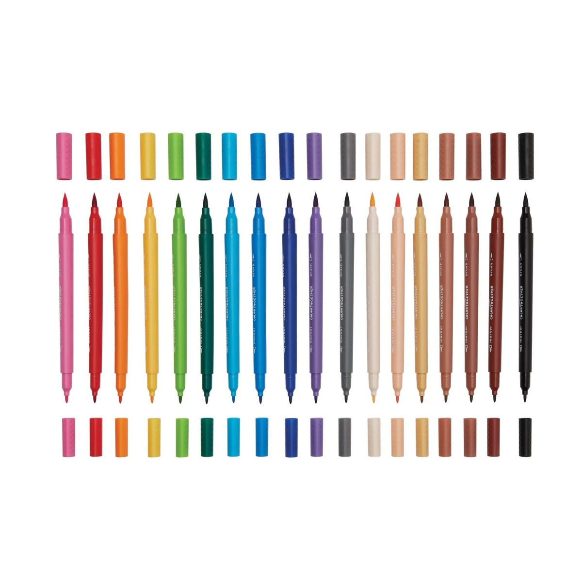 the set of markers showcasing the flexible brush tip on one end and the fine precision tip on the other.