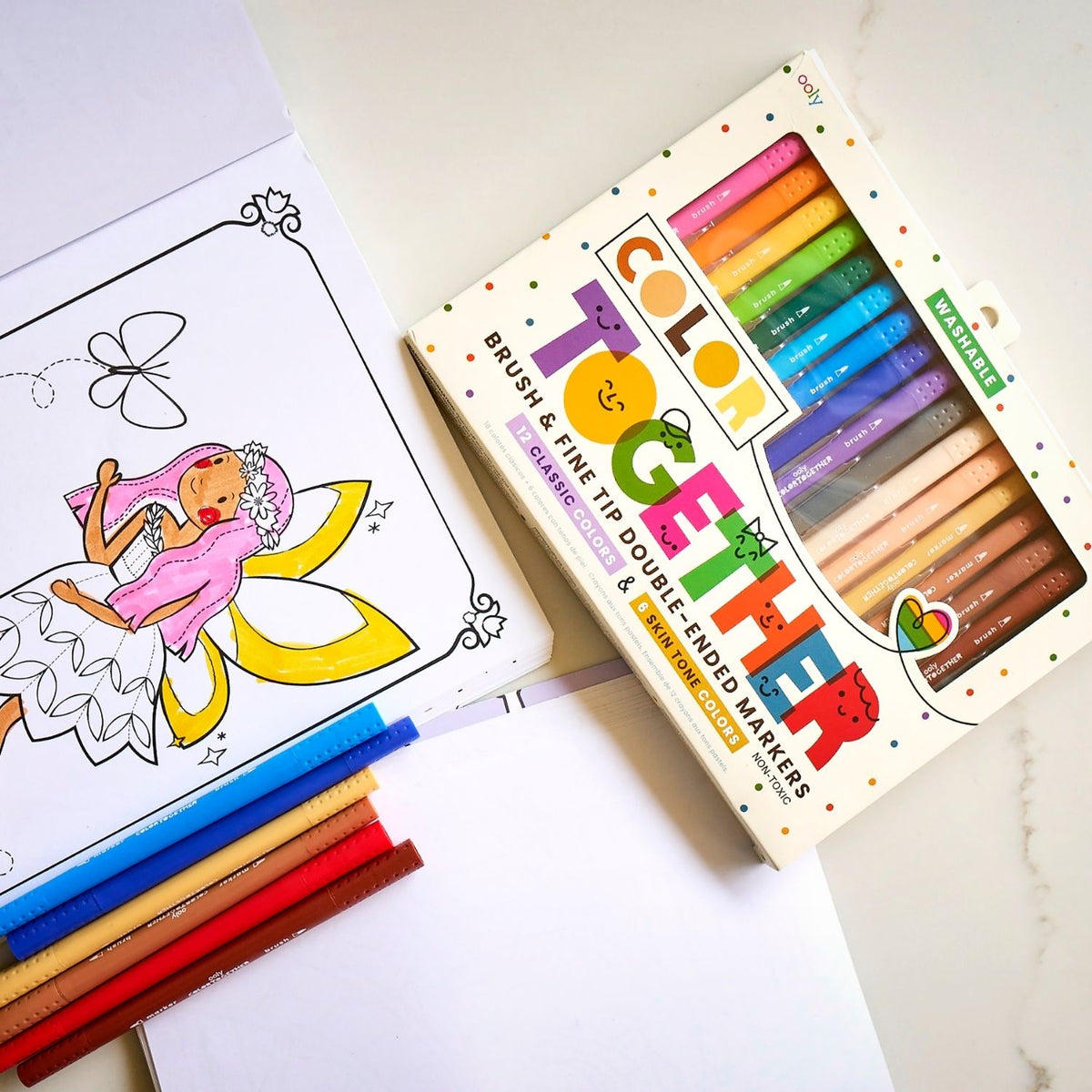 18 markers with brush and fine tips for fluid strokes and sharp details. Includes a diverse skin tone palette. Washable, non-toxic, and great for school projects.
